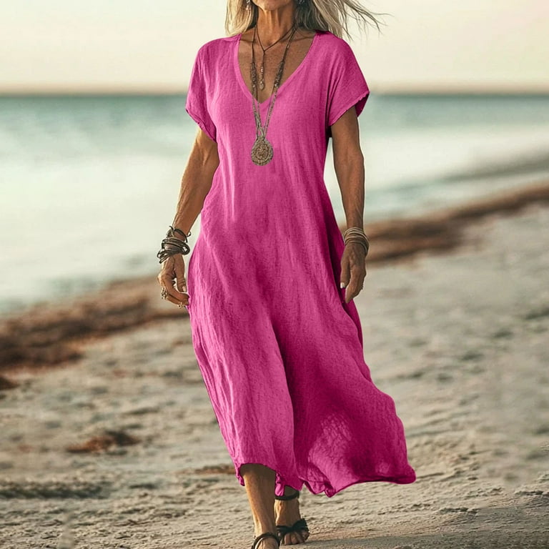 gakvbuo Plus Size Maxi Dresses for Women Summer Cotton Linen Gauze Dress  Casual Short Sleeved V-Neck Solid Color Ruffle Hem Flowy Vacation Beach  Dress - Walmart.com