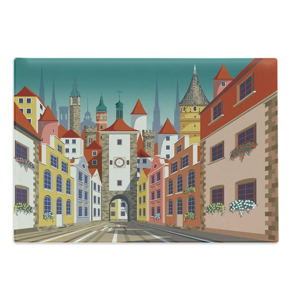 Travel Cutting Board, Colorful Pattern of Historic European Medieval Urban City with Houses and Alley, Decorative Tempered Glass Cutting and Serving Board, in 3 Sizes, by Ambesonne