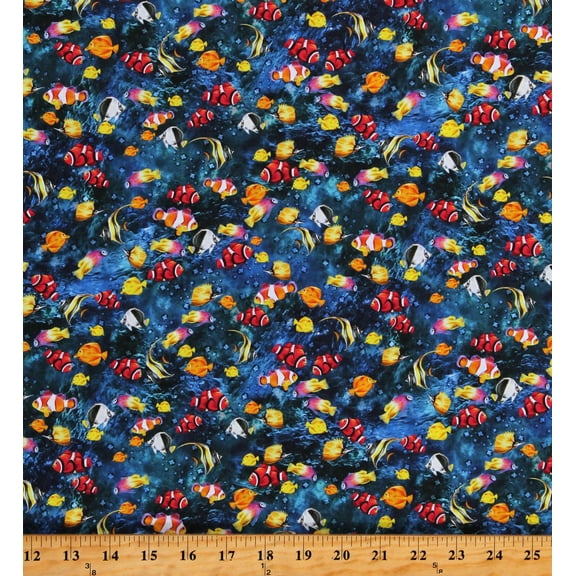 Cotton Ocean Fish Clown Fish Underwater Fish School Dark Blue Cotton Fabric Print by the Yard (DA593831)