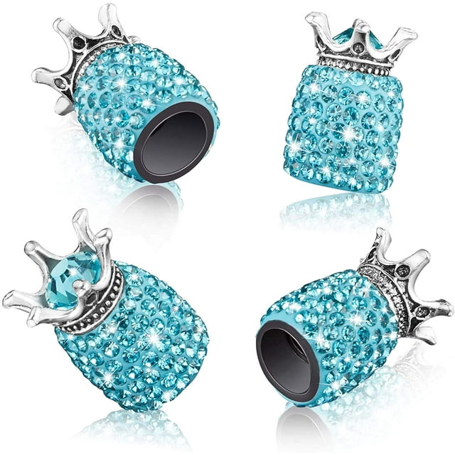 Bling Valve Stem Caps, 4 Pack Handmade Crystal Rhinestone Universal Dustproof Tire Valve Caps for Car Auto Bike Wheels Women Bling Car Accessories (Crown Sky Blue)