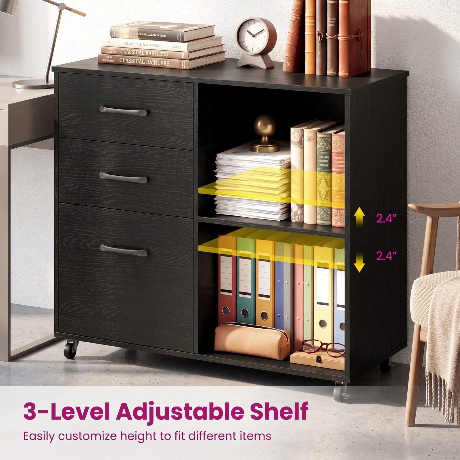 Furnibear 3-Drawer Mobile Lateral File Cabinet Printer Stand, Rolling Wood Filing Cabinet with Locking Wheels and 3-Level Shelf for Home Office, Holds A4 and, Black