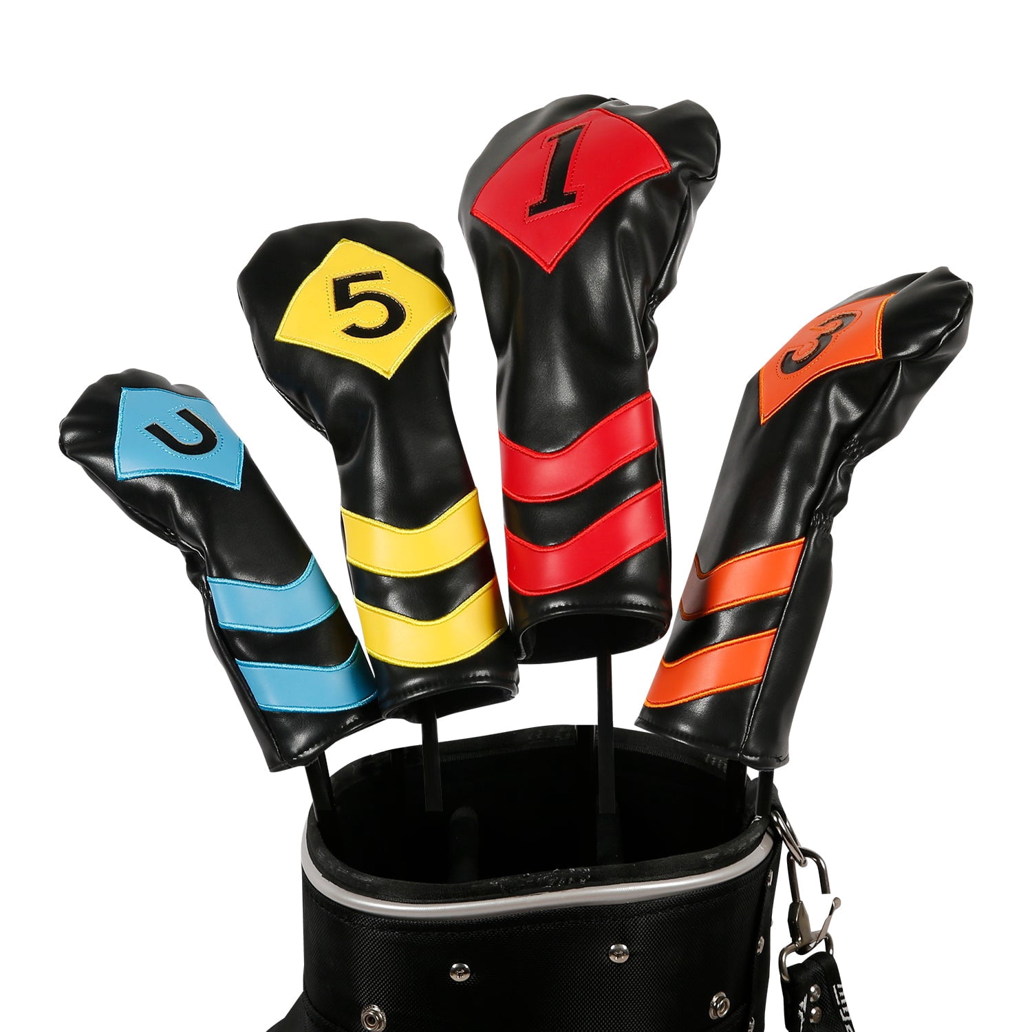 Leather Golf Covers Driver 1 3 5 U Headcovers 4 Piece Set Black with Multicoloured