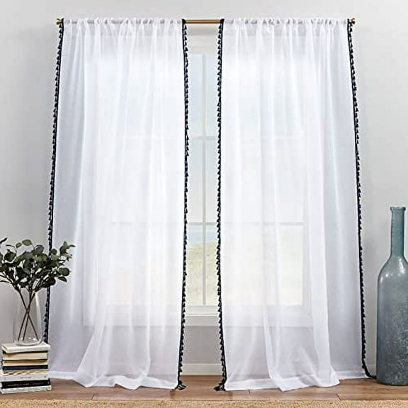 Exclusive Home Curtains Tassels Embellished Sheer Rod Pocket Curtain Panel Pair, 54x84, Indigo