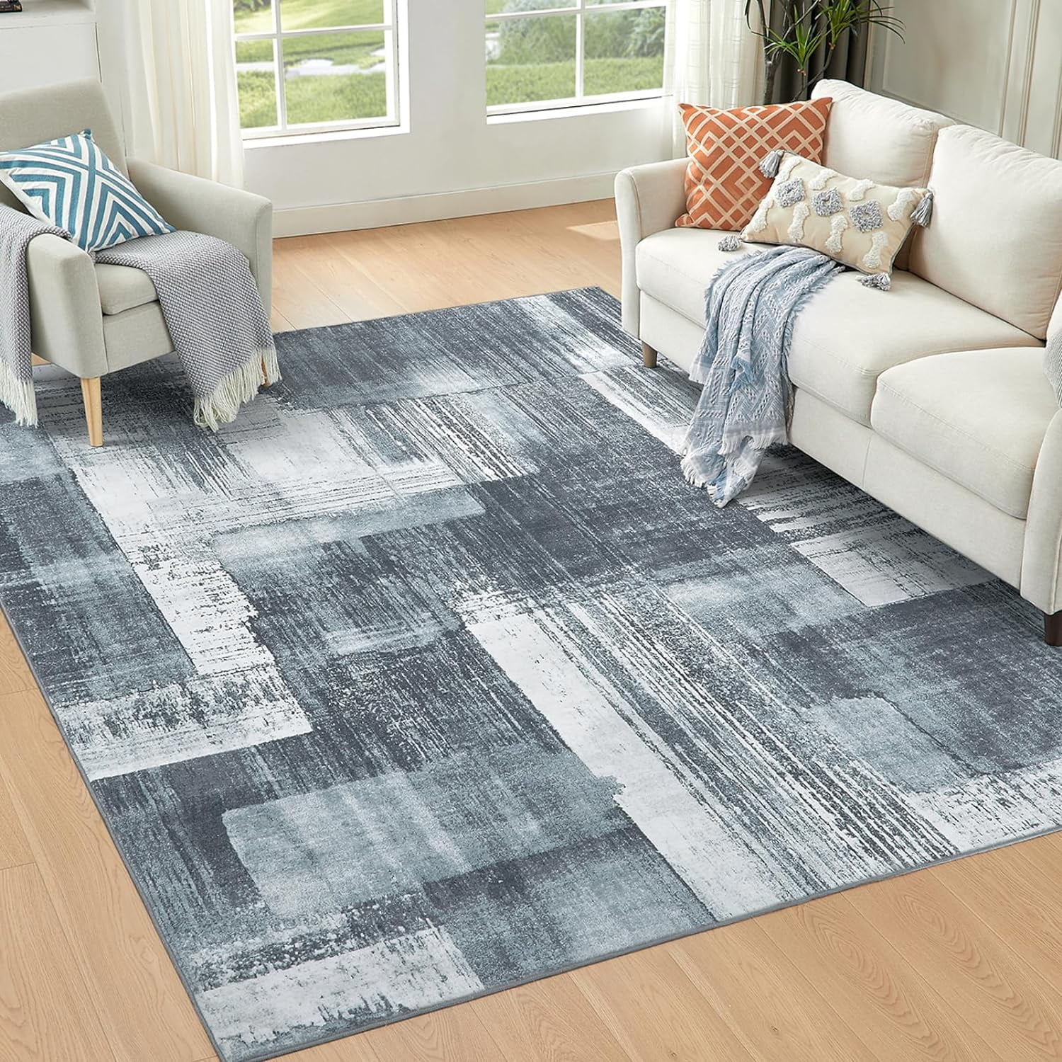 VK·LIVING Area Rugs Machine Washble Rug 8'x 10' Modern Decor Rug Thin Living Room Rug Non Slip Bedroom Rug Soft Low Pile Rug Lightweight Rug