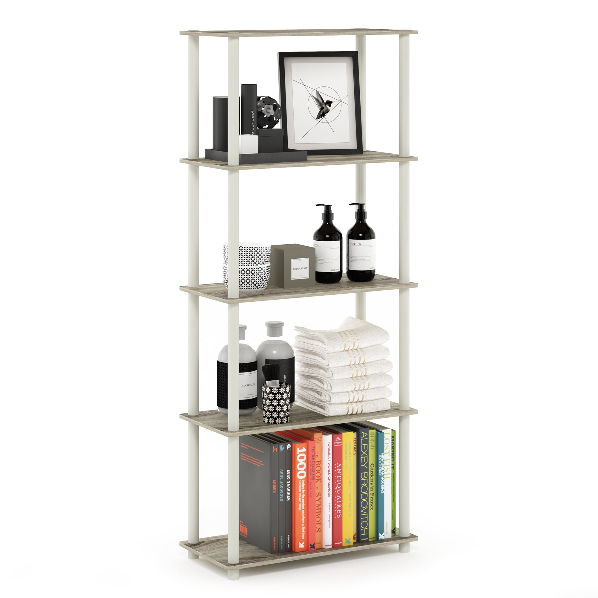 Furinno Rata 5-Tier Industrial Multipurpose Flat Base Shelf Display Rack with Metal Frame, Narrow, French Oak Grey