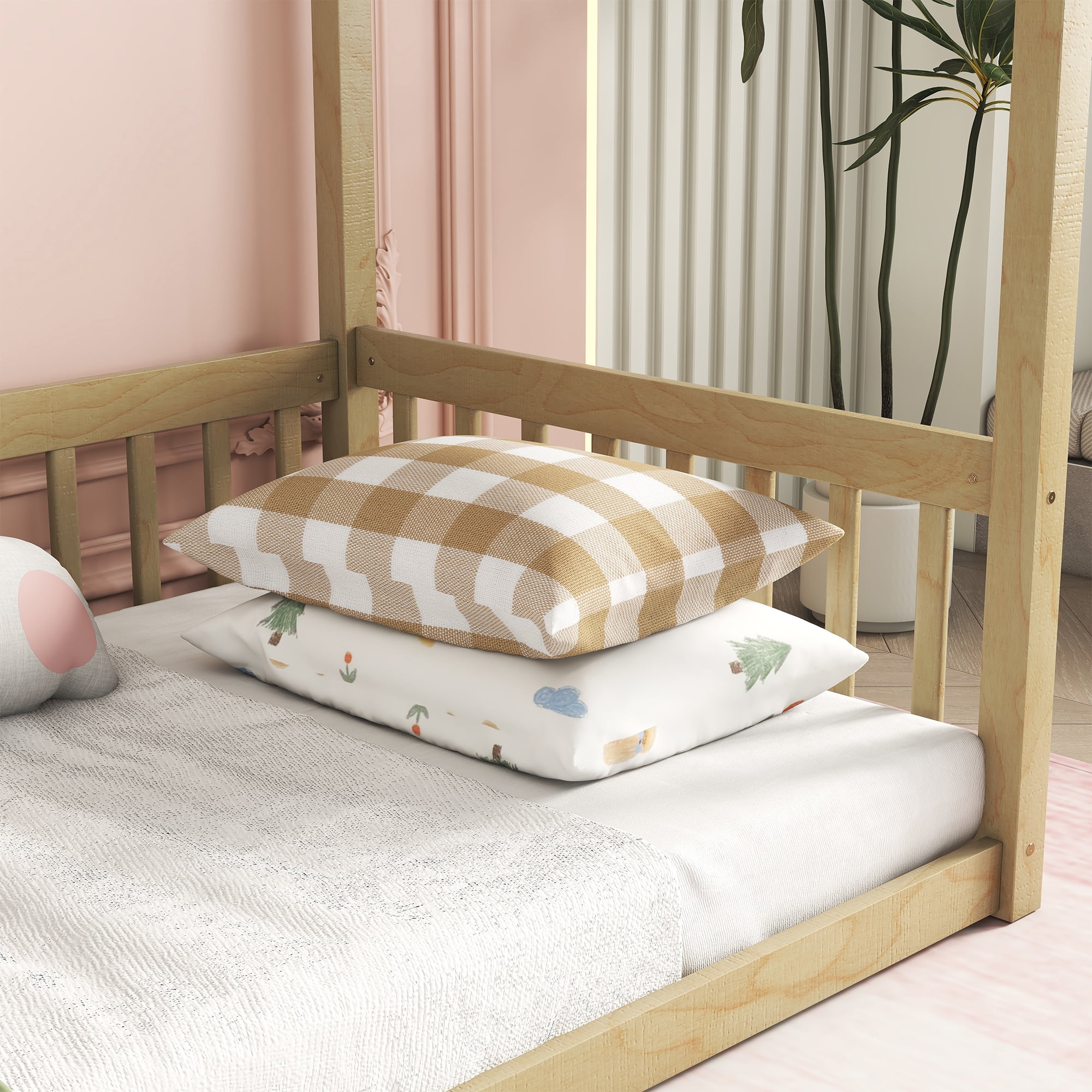 Yoneston Twin Size Canopy Frame Floor Bed Frame with Guardrails, Montessori Floor Bed with Fence for Kids Girls Boys Bedroom Furniture, Natural