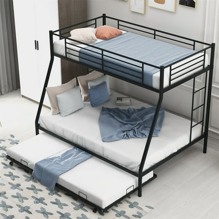 Twin over Full Bed  Metal Bunk Bed with Two-Side Ladders  Bunk Bed with Twin Size Trundle  Heavy Duty Sturdy Steel Frame for Teens & Adults  Space Saving Design &No Box Spring Needed  Black