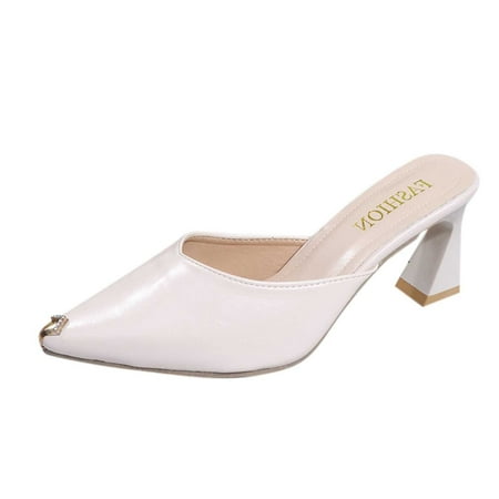 

Mortilo Ladies Shoes Summer Fashion Metal Rhinestone Pointed Toe Slippers Chunky Heel High Heel Sandals PU high heels for Women Beige