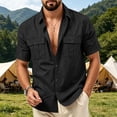 thumbnail image 3 of Mens Linen Button Down Shirt Short Sleeve Dual Chest Pocket Relaxed Fit Collared Open Front Casual Beach Overshirt, 3 of 8