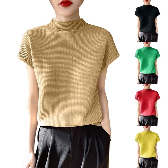 Fengqque Womens Tops Summer Casual Cap Sleeve Stand Collar Tshirts Shirts Solid Color Loose Top Yellow-A XL(XL)