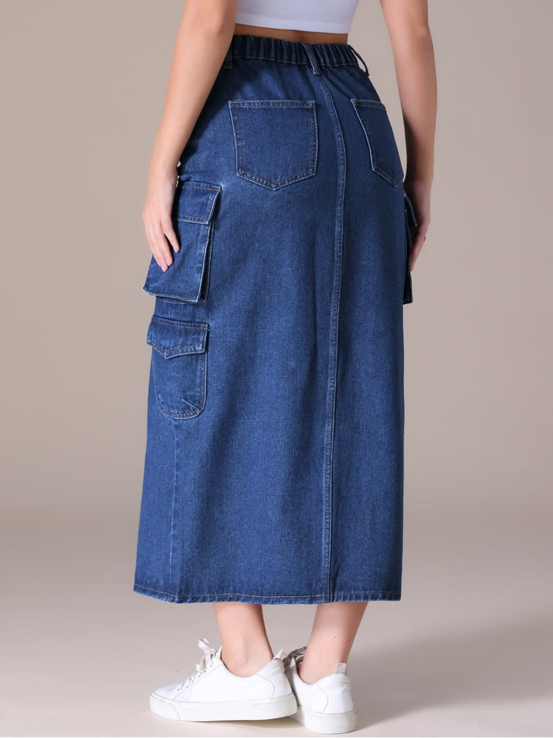Unique Bargains Women's Front Split Flap Pockets Maxi Denim Skirt