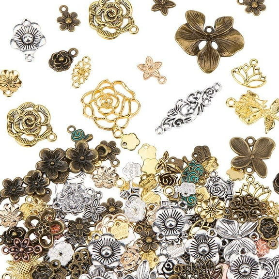 1 Box 100G Flower Charm Connector Metal Trinkets Charm Alloy Tibetan Vintage Small Colorful Floral Link Pendants Findings Accessories for Jewelry Making Necklaces Bracelets DIY Crafts