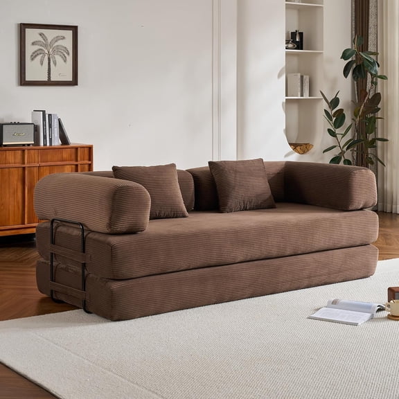 YWEN Convertible Sleeper Sofa Bed, Corduroy Floor Couch with Fixed-Shape Frame, Comfy Modular Floor Sofa with Pull Out Bed, Sleeper Loveseat Boneless Couch for Living Room, Brown