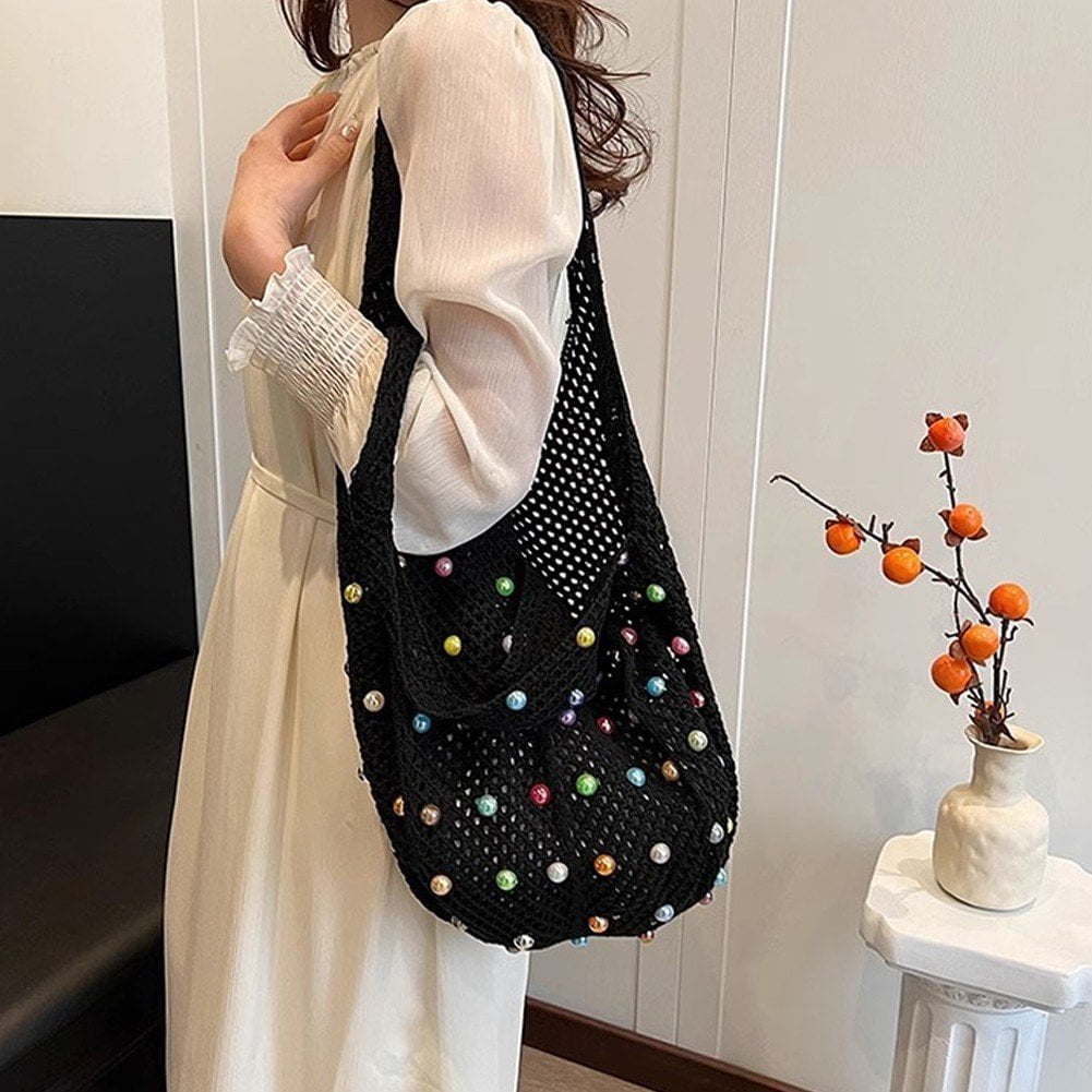 Jiibva Crochet Beach Bags Woven Travel Tote Boho Shoulder Bag Hollow Knitting Handbag Mesh Shoulder Bag Women Knitted Handbags for Holiday, Daily Work