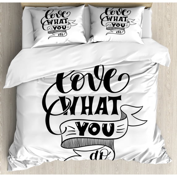Love What You Do Duvet Cover Set King Size, Hand Drawn Lettering Vintage Style Composition Monochrome, Decorative 3 Piece Bedding Set with 2 Pillow Shams, Charcoal Grey and White, by Ambesonne