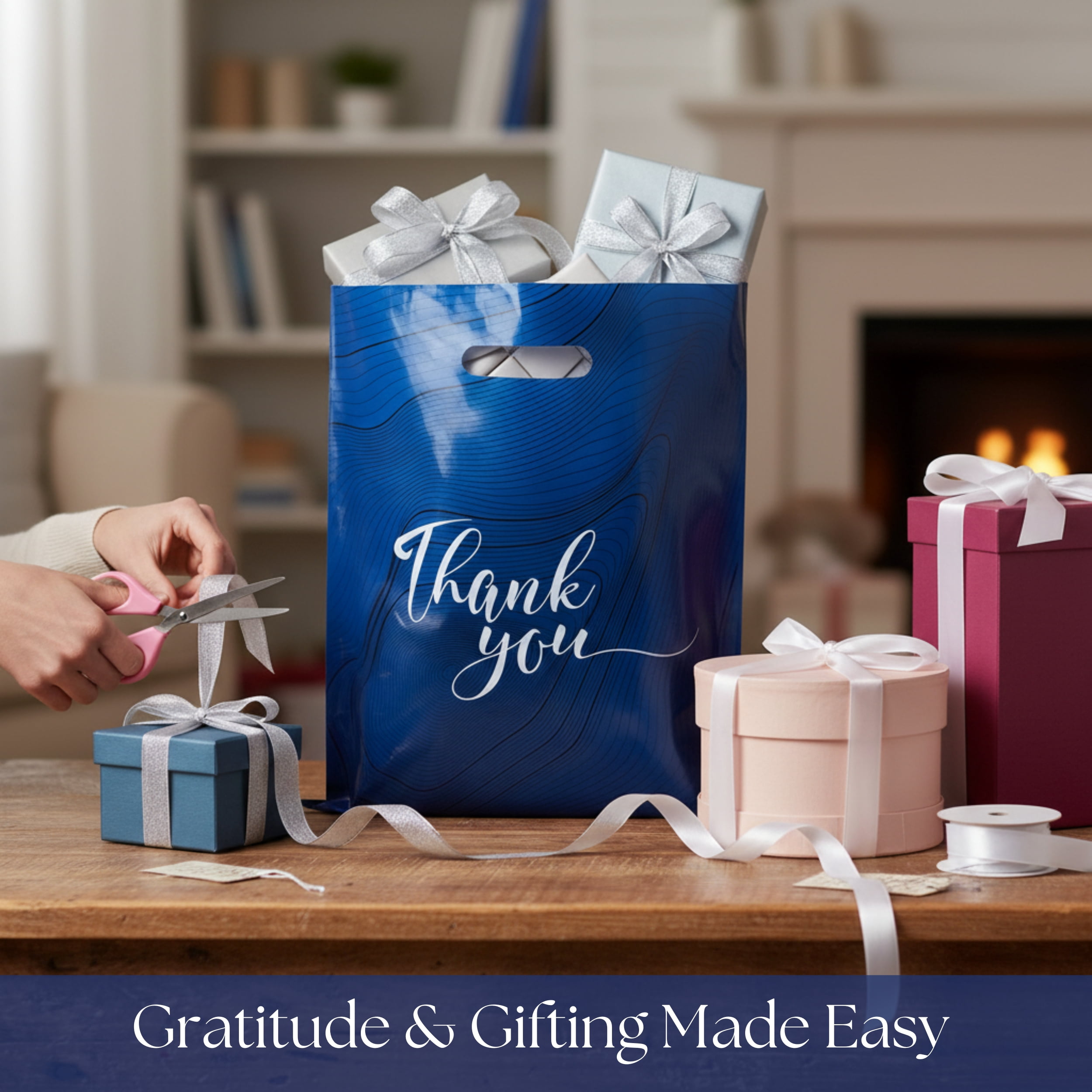 Rainbows & Lilies 100 Blue Thank You Plastic Bags with Handles, 12x15 Bulk Shopping Bags for Small Business, Retail, Merchandise, Gifts, Party Favors