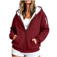 thumbnail image 2 of Hfnxid Women's Zip Up Hoodies Warm Fleece Jackets Solid Color Casual Sweatshirts Fall Winter Interior Hooded Jacket with Zip Pocket Red XXXXXL, 2 of 10