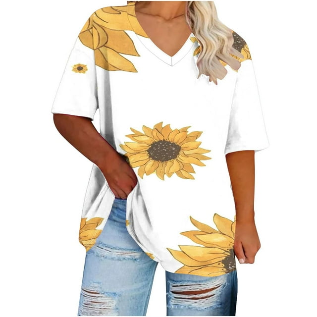 Camisetas Casuales de las Mujeres de Manga Corta de Cuello en V Oversized Camiseta Deportiva de Verano, Top Impreso Casual