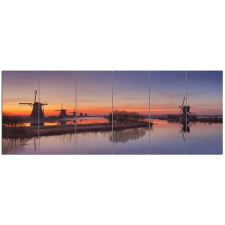 Orange Windmill - Design Art 'Dutch Windmills Panorama' 6 Piece Photographic Print Set on Canvas