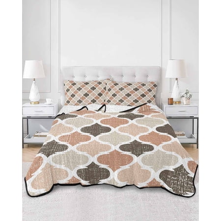 Quilts Queen Size Ombre Brown Geometric Plaid Retro Abstract Morocco Gingham Soft Comforter Bedding Set for Bed Lightweight Quilted Bedspread with Pillow Cover(2 Pieces) for All Season 90x96 Inch