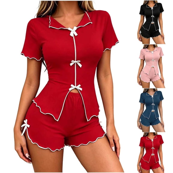 Women Pajama Set Solid Bow Stretch Short Sleeve Top with Elastic Waist Casual Shorts Outfit