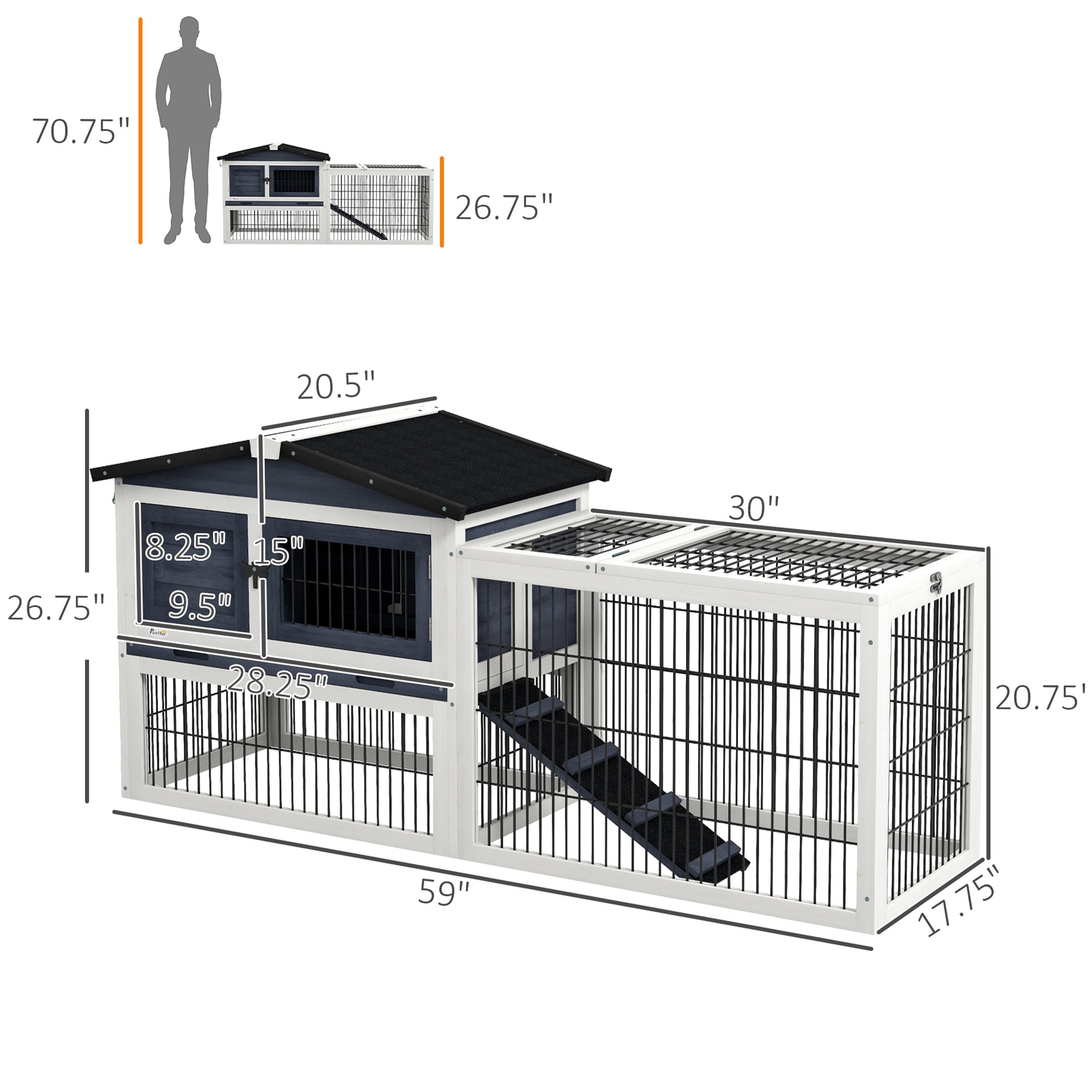 JERFIT 59" Large 2-Tier Outdoor Rabbit Hutch with Weatherproof Asphalt Roof, Removable Tray & Ramp, Gray Wooden Bunny Cage House with Run