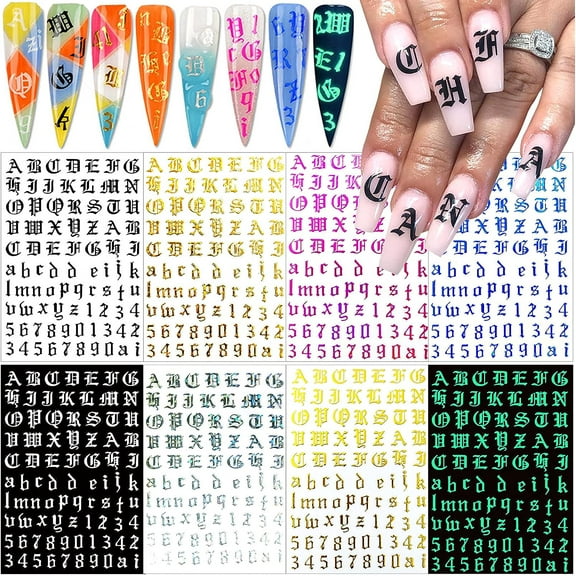NEWSPIED 8Pcs Letter Nail Art Stickers Number Nail Decals Nail Art Supplies Old English Alphabet Nail Sticker Designs Holographic English Font Letters Nail Stickers for Acrylic Nails Decorations