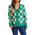 thumbnail image 1 of Seyurigaoka Womens Knitting Sweaters Checkered Pattern Cardigan Coat Long Sleeve V-Neck Buttons Spring Streetwear Casual Jumpers Tops, 1 of 4