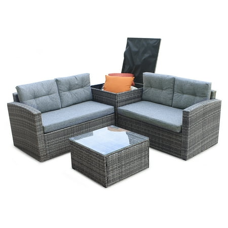 Outdoor All Weather Wicker Sectional 4 Pieces Outdoor Sectional Sofa All-Weather Patio Furniture Sets Manual Weaving Wicker Rattan Patio Conversation Sets with Cushion and Glass Table ()