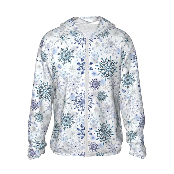 Fotbe Retro ice blue snowflakes Chaqueta con Protección Solar UPF 50+ para Hombre y Mujer, Camisa con Capucha y Bolsillos-Small