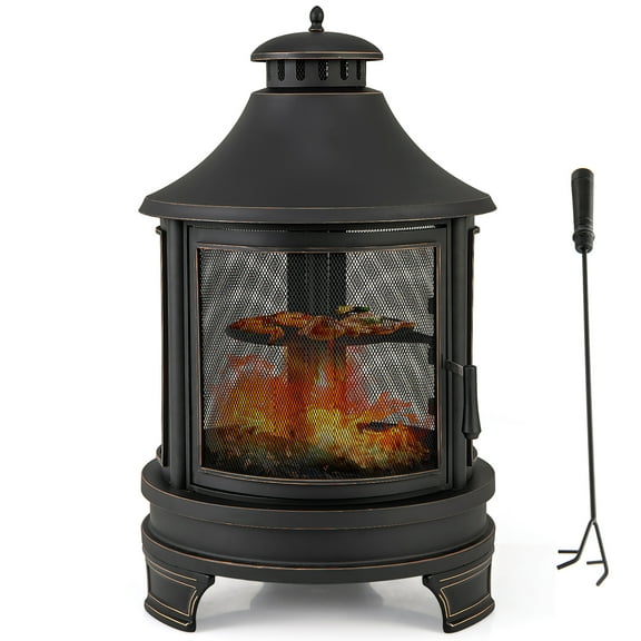Gymax 30 Inch Outdoor Fire Pit Chiminea w/ Grill Chimney Spark Screen Door Fire Poker