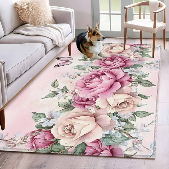 Watercolor Pink Floral Area Rug 4x6 Washable Rug Non Slip Spring Romantic Roses Butterfly Large Area Rug Indoor Floor Carpet for Entryway Bedroom Kitchen Living Room Home Office Dining Room Nursery