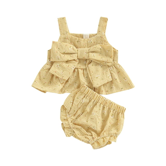 xiaxaixu Baby Infant Two Piece Set, Sleeveless Floral Plaid Pattern Bow Decor Camisole Elastic Waist Shorts