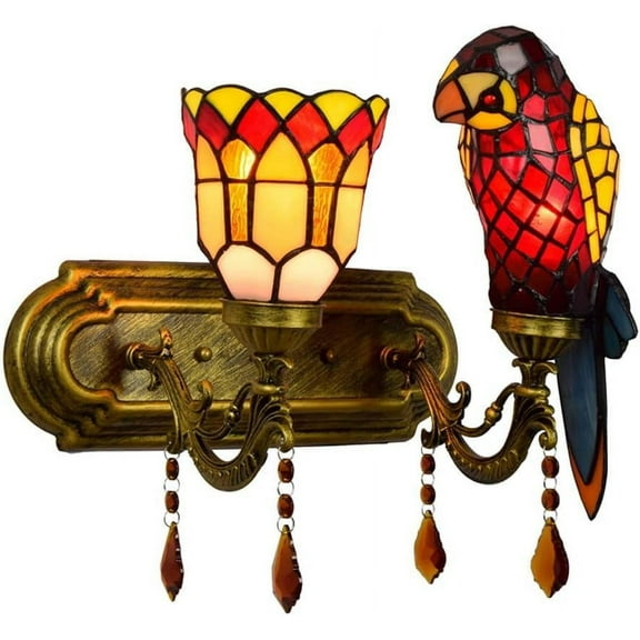 Artistic Style Parrot Wall Sconce Stained Glass Wall Lamp Vintage Antique Crystal Pendant Decorative Wall Lighting Fixture for Hallway Beside Living Room Bedroom,C