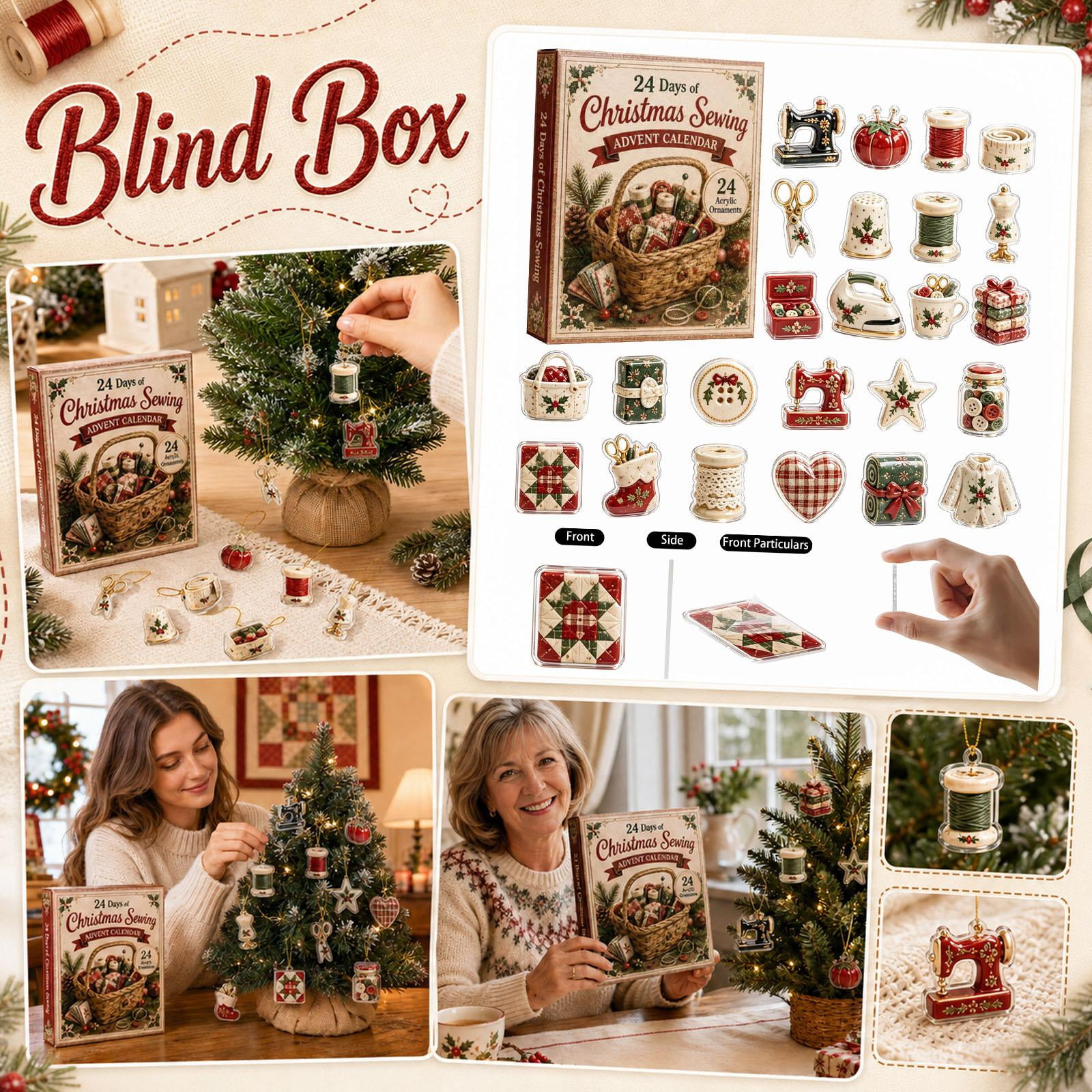 Christmas Sewing Advent Calendar Ornaments Set with Acrylic Blind Box 24 Pieces Vintage Sewing Theme for Holiday Tree Decor Christmas Tree Decorations