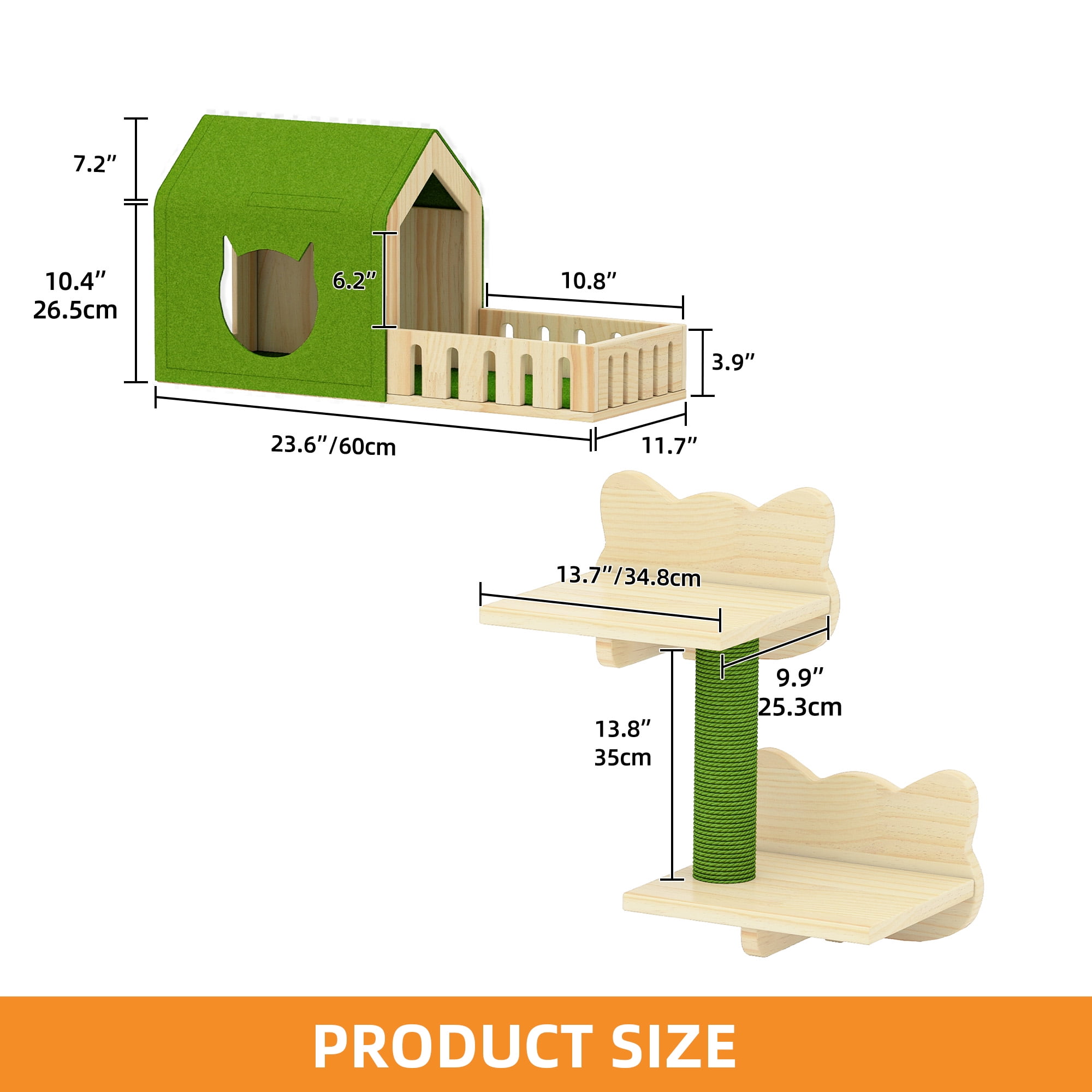 Craftian 7-Piece Solid Wood Wall Mounted Cat Furniture,Cat Wall Shelves and Perches,Cats Climbing Shelves with Wall House and Fence, Steps, Scratching Posts