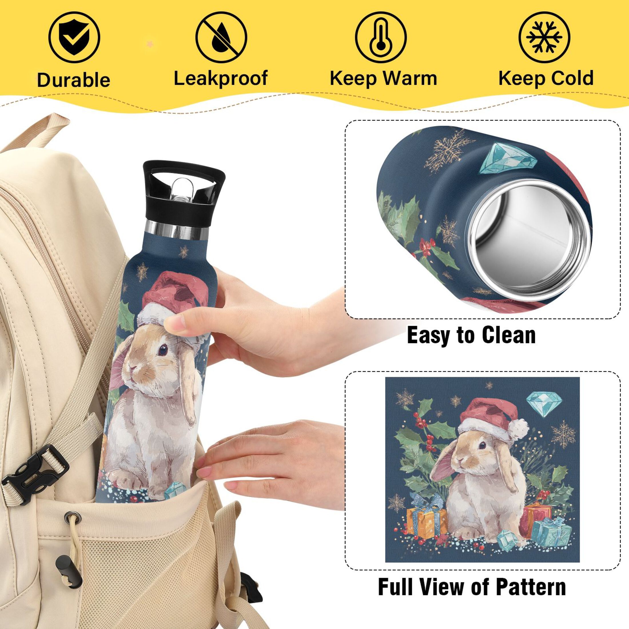 600ML Stainless Steel Insulated Cup Sports Water Bottle Portable Thermos Cup Water Glasses Insulated Tumblers Convenient and Durable Warm Christmas Cute Rabbit