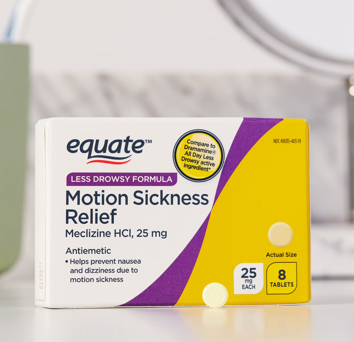 Tabletas Equate de meclizina HCI para alivio del mareo por movimiento, fórmula menos somnolienta, 25 mg, 8 unidades, comparar con ingredientes activos de Dramamine® todo el día menos somnoliento 4
