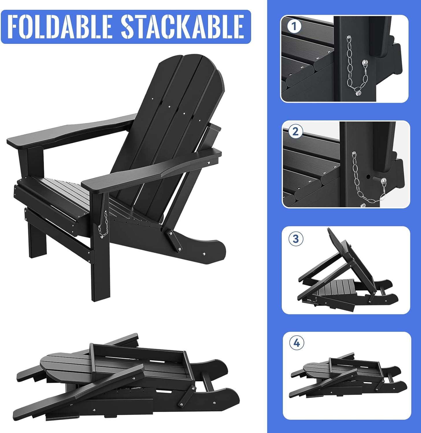 Banome All-Weather Folding Adirondack Chair - Stackable, Ergonomic Design, Relaxing Arm Rests - HDPE Construction