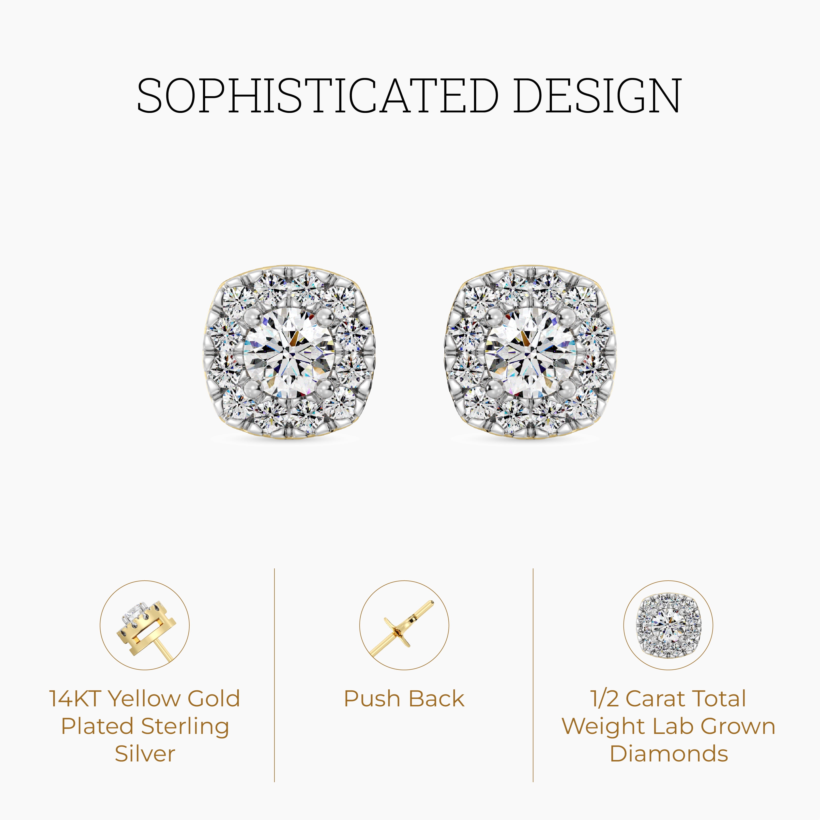 Gilded 1/2 Carat Total Weight Lab-Grown Diamond 14KT Yellow Gold Plated Silver Stud Earrings for Women, Cushion Halo Studs Hypoallergenic Fine Jewelry, Prong Setting Push Back Nut SI1 Clarity F Color