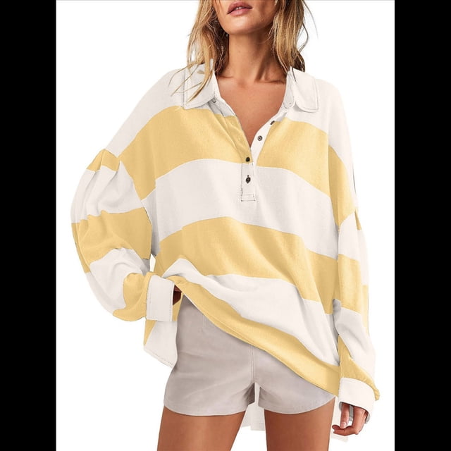 Suéteres de Cuello en V y Larga con Botones y Bloques de Color A Rayas para Mujer, Moda de Otoño 2025, Talla Grande y Amarillo XXL