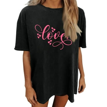 LISTHA Valentine's Shirts for Women Love Letter Print Novelty Tops Short Sleeve Valentine's Day Print Crew Neck Casual Tshirts Vermilion M