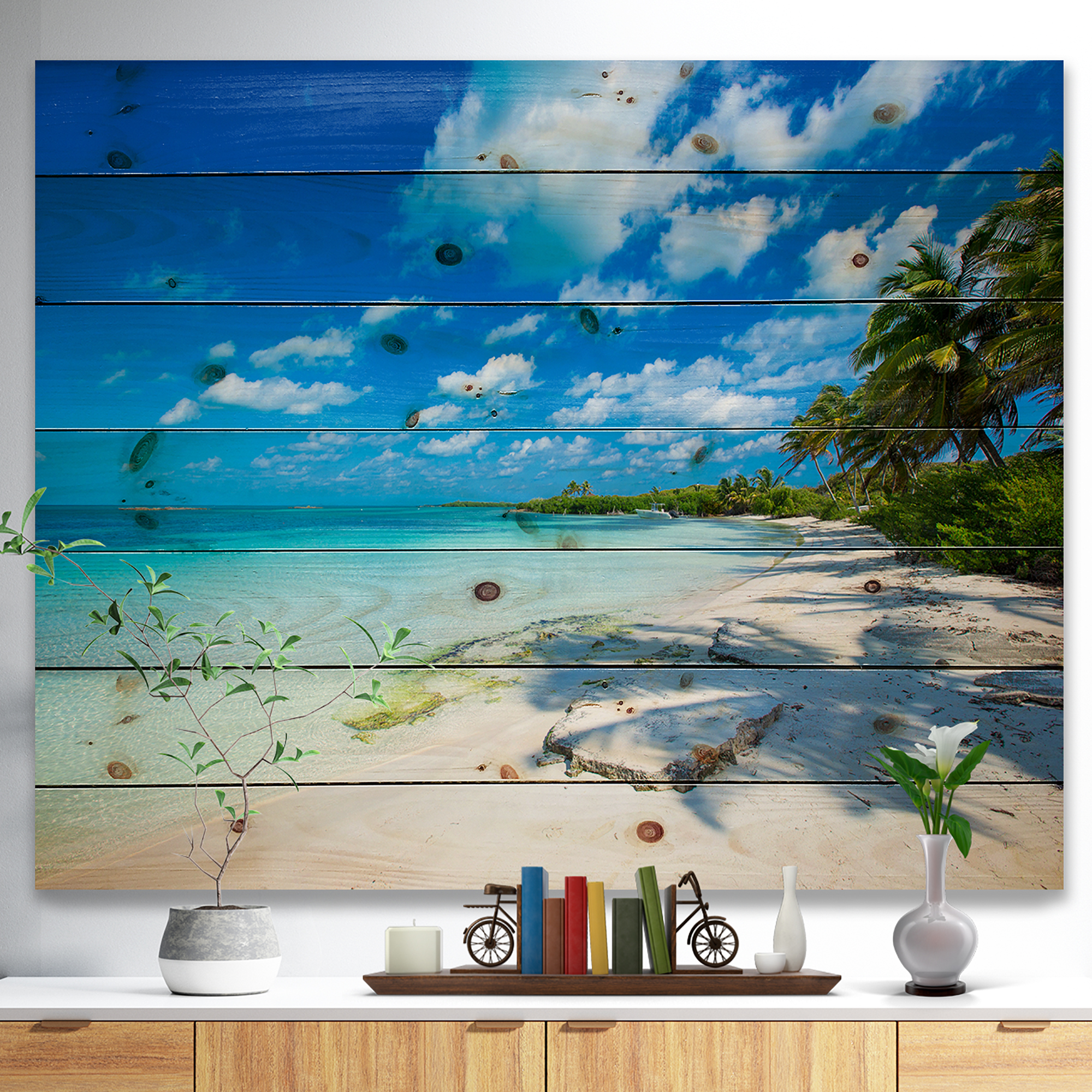 Designart 'Tropical Beach with Palm Shadows' Seashore Print on Natural Pine Wood