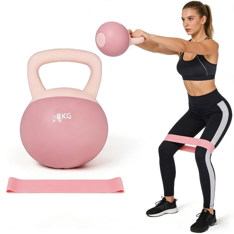 14/18 LB Soft Kettlebell Set with Wrist Guards & Resistance Bands, Sand and Iron Filled, Safe Strength Training Kettlebell, Portable Home Workout Gear for Men and Women, Purple & Pink
