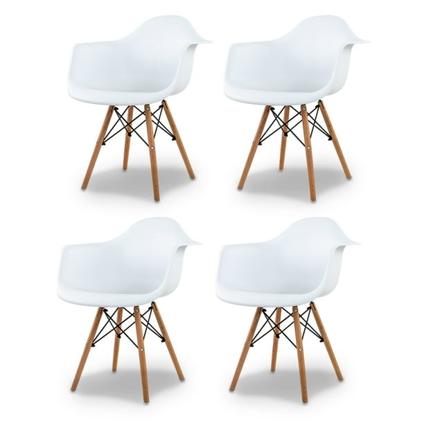 Sillas de Comedor Ergonomicas con Estructura de Madera Diseño Moderno Tipo Eames para Sala Oficina e Interiores Minimalistas con Soporte de Acero Set 4 Piezas Blanco