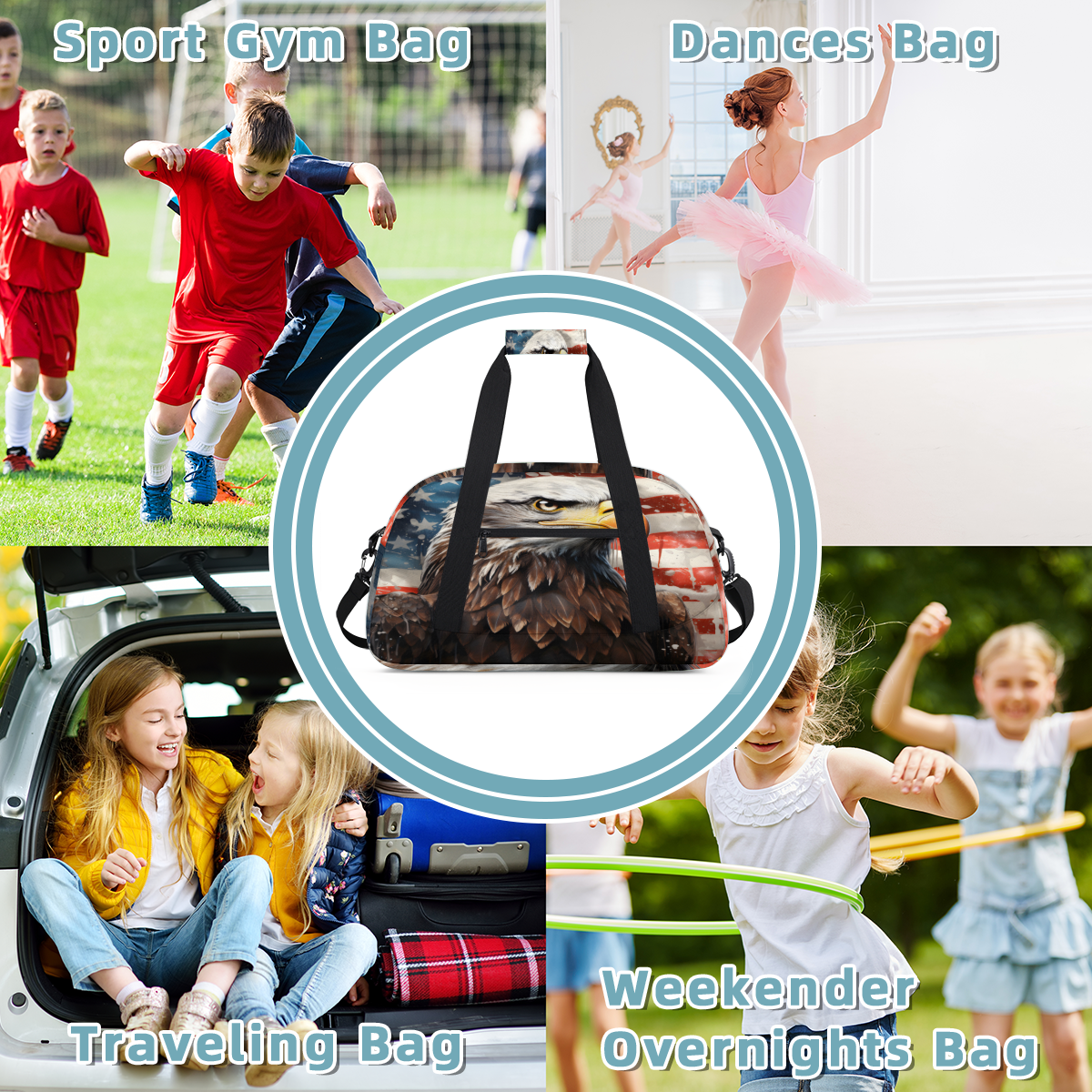 Herdesigns Patriotic Eagles Sports Duffle Bag for Women & Men, American Flag Gym Bag Dance Bag Overnight Bag Carry On Weekender Travel Bag