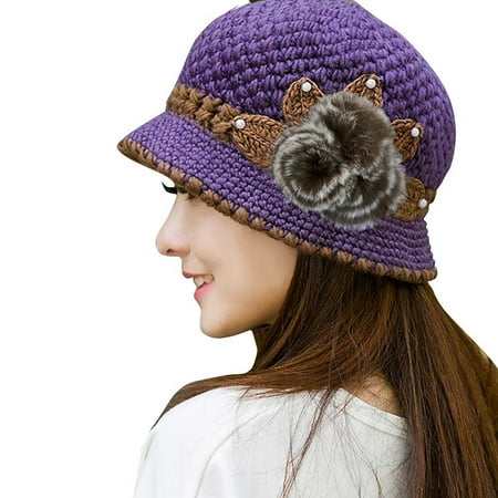 Valora Flowers Decorated Knitted Winter Warm Lady Women Baseball Caps Fashion Ears Hat Purple Purple
