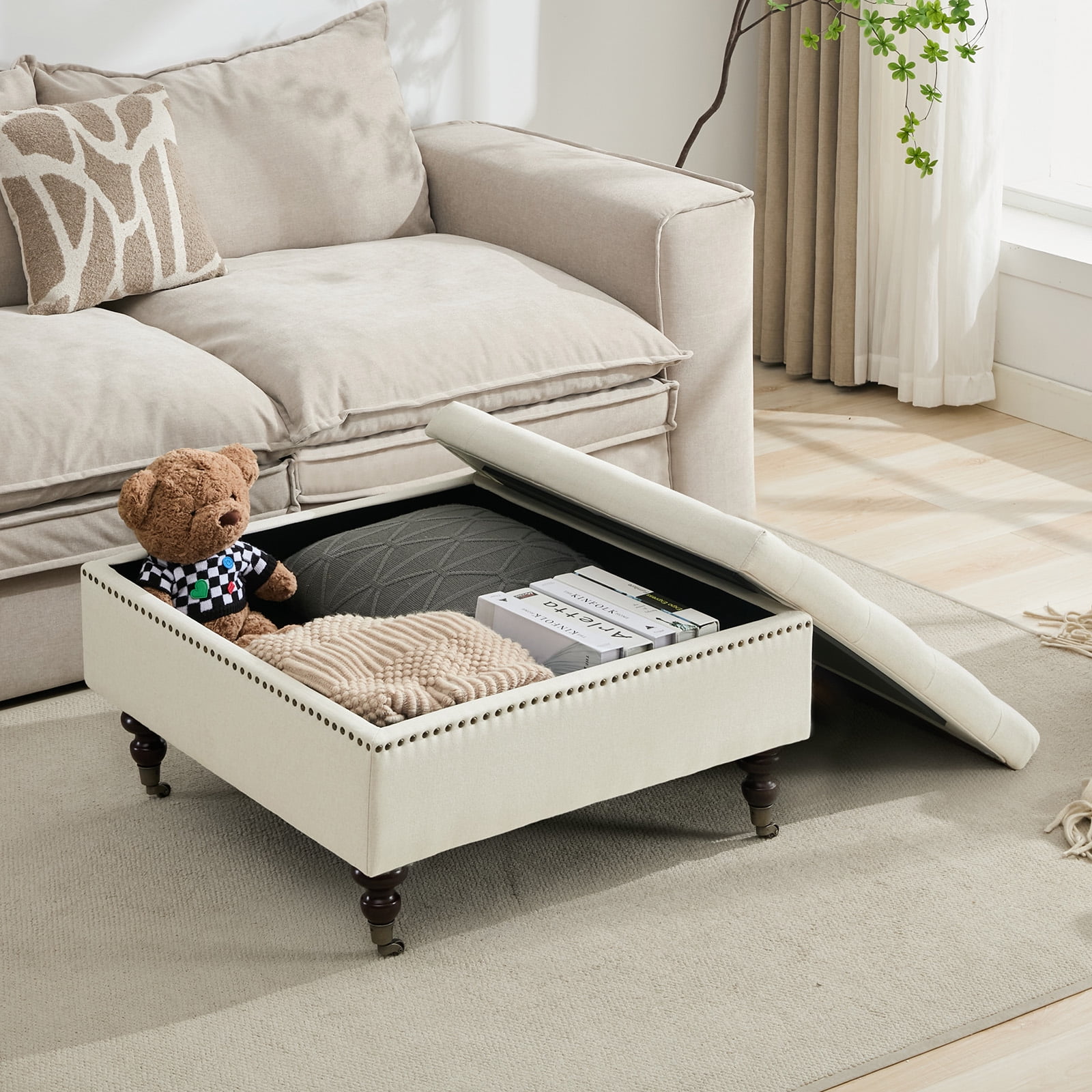 BRILHAMEZ Storage Ottoman Bench, Tufted Upholstered Seat with Hidden Storage, Multi-Functional Coffee Table and Foot Rest for Living Room, Beige