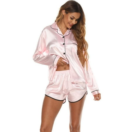 

Women s Short Sleeve Sleepwear Button Down Satin 2 Piece Pajama Set