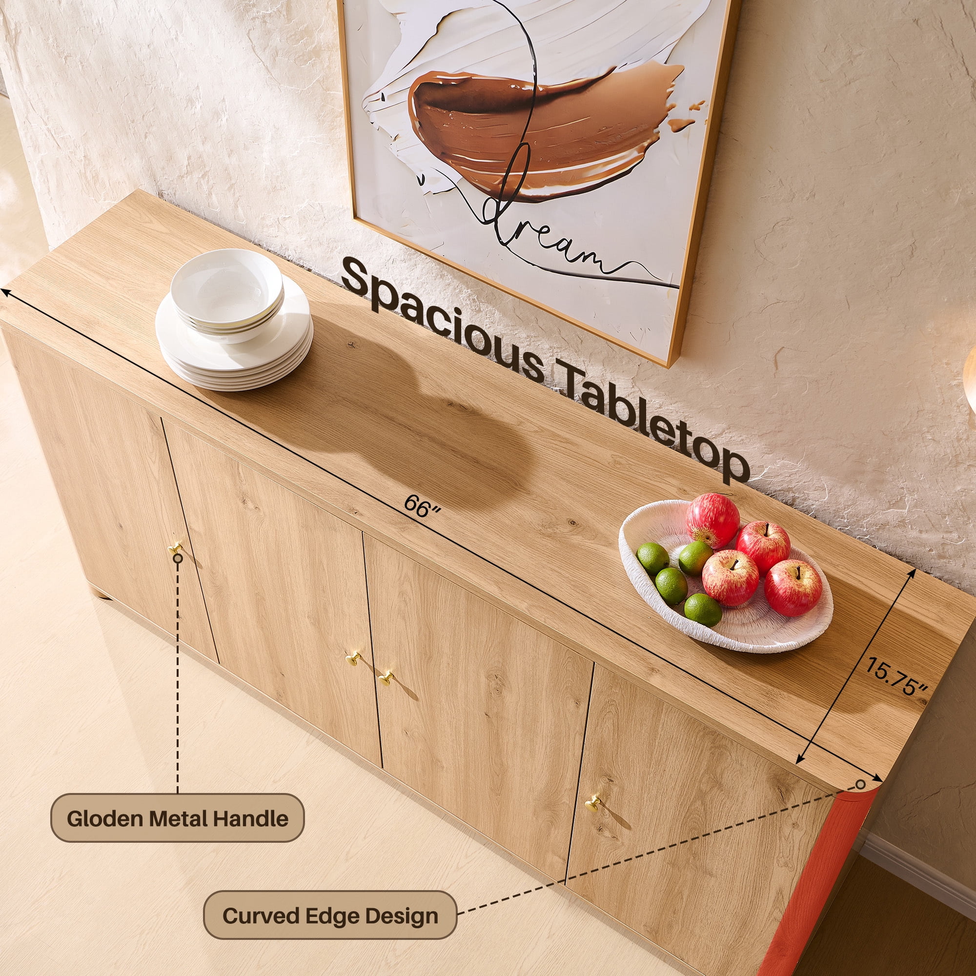 Aitjunz Kitchen Buffet Sideboard Cabinet, 66" Curved Coffee Bar Storage Cabinet with 4 Doors and Shelves for Kitchen, Dining Room, Natural